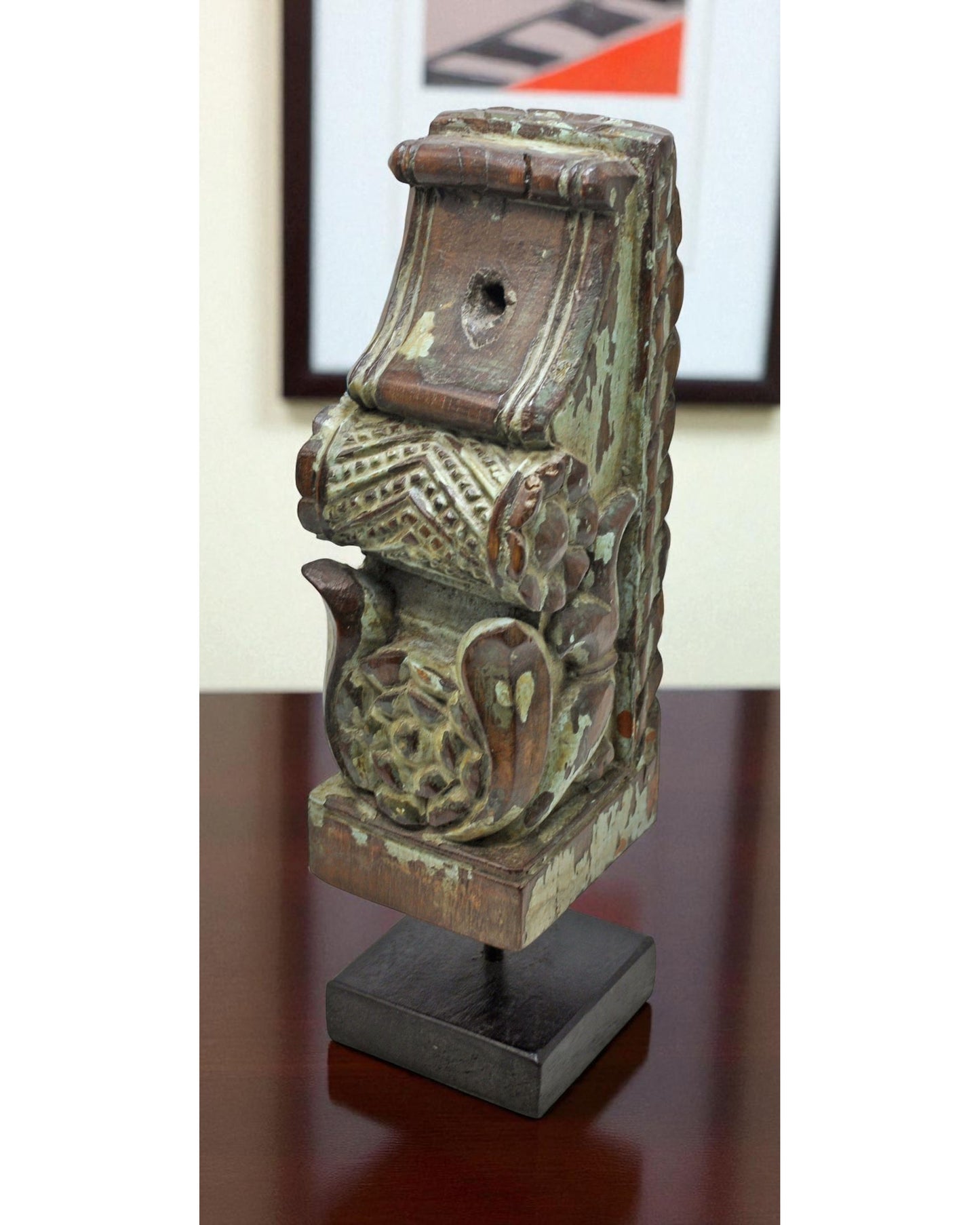 Antique Wooden Bracket Carving on Stand Original Old Fine Hand Carved Rustic Painted