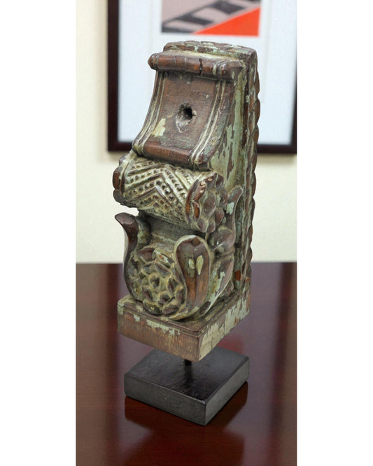 Antique Wooden Bracket Carving on Stand Original Old Fine Hand Carved Rustic Painted