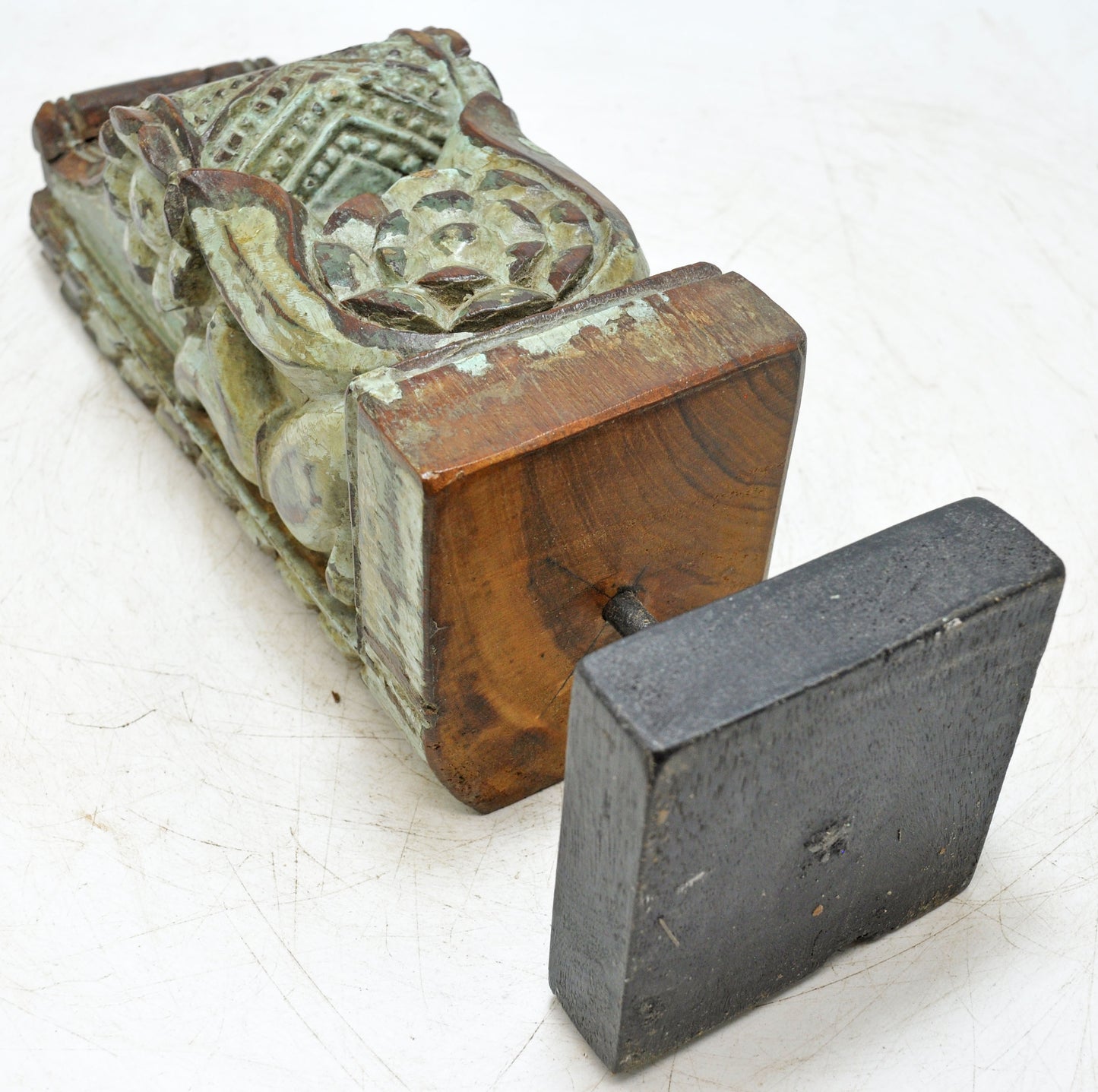 Antique Wooden Bracket Carving on Stand Original Old Fine Hand Carved Rustic Painted