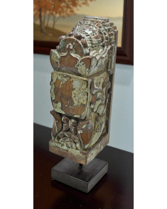 Antique Wooden Bracket Carving on Stand Original Old Fine Hand Carved Rustic Painted