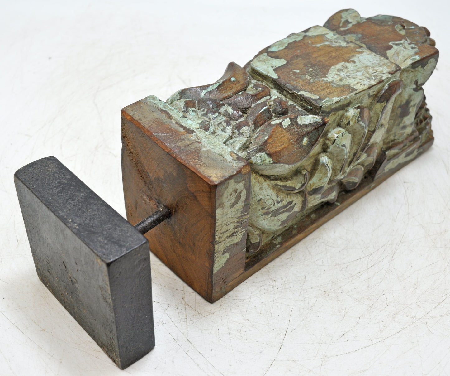 Antique Wooden Bracket Carving on Stand Original Old Fine Hand Carved Rustic Painted