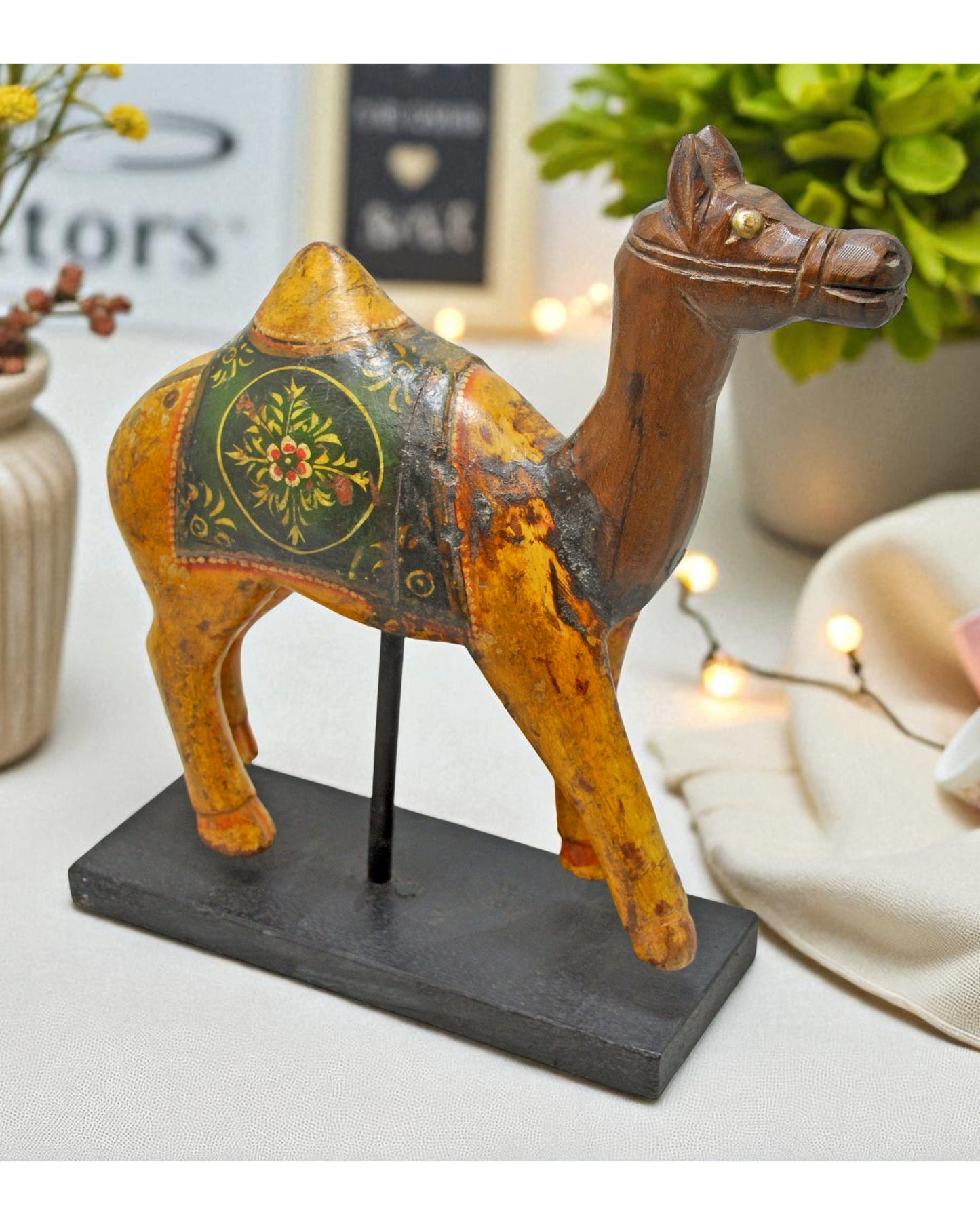 Vintage Wooden Camel Figurine Original Old Hand Carved Painted