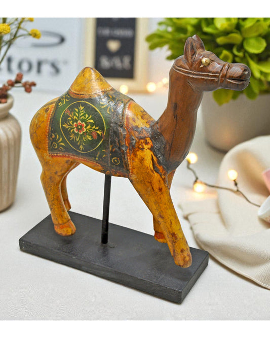 Vintage Wooden Camel Figurine Original Old Hand Carved Painted