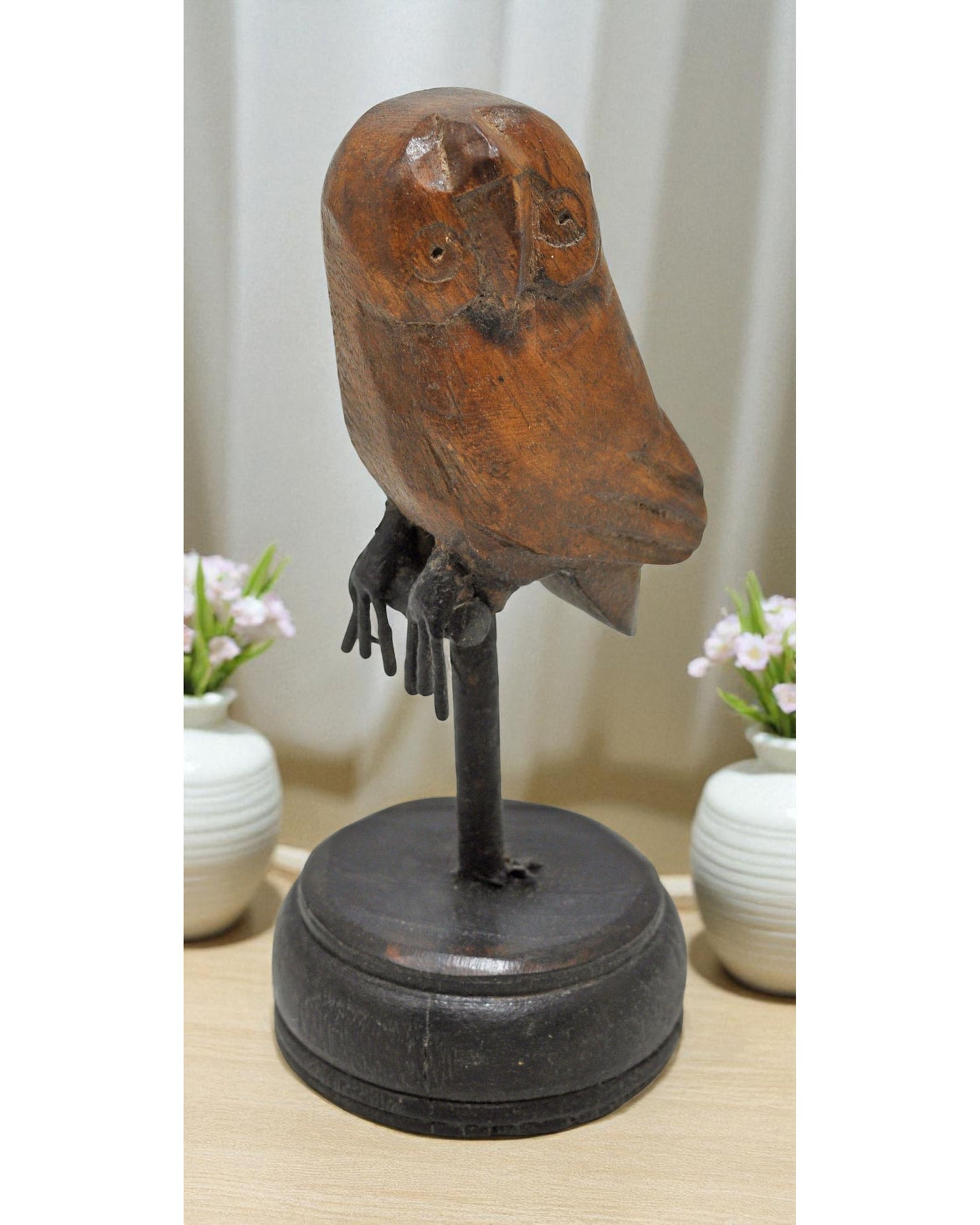 Vintage Wooden Small Owl Bird Figurine Original Old Fine Hand Carved