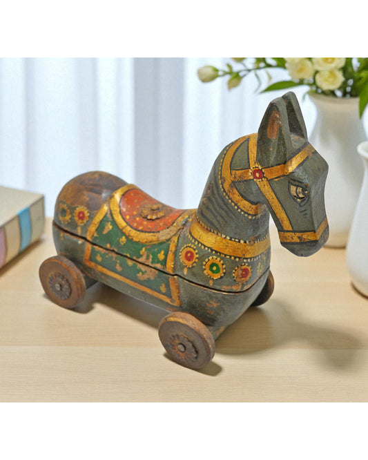 Hand Carved Wooden Horse on Wheels Spice Box Fine Hand Painted