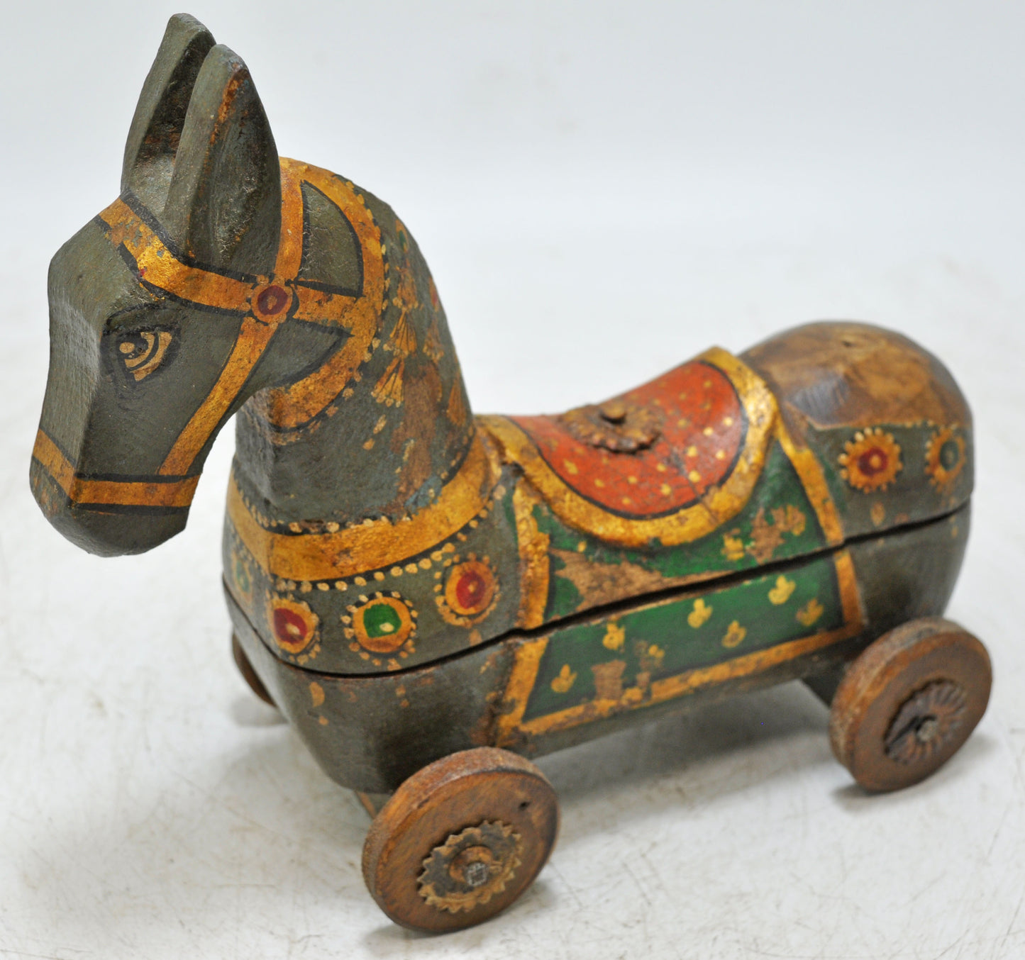 Hand Carved Wooden Horse on Wheels Spice Box Fine Hand Painted