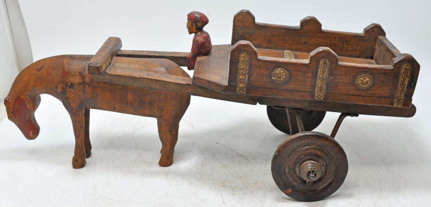 Vintage Wooden Horse With Cart Figurine Original Old Fine Hand Carved