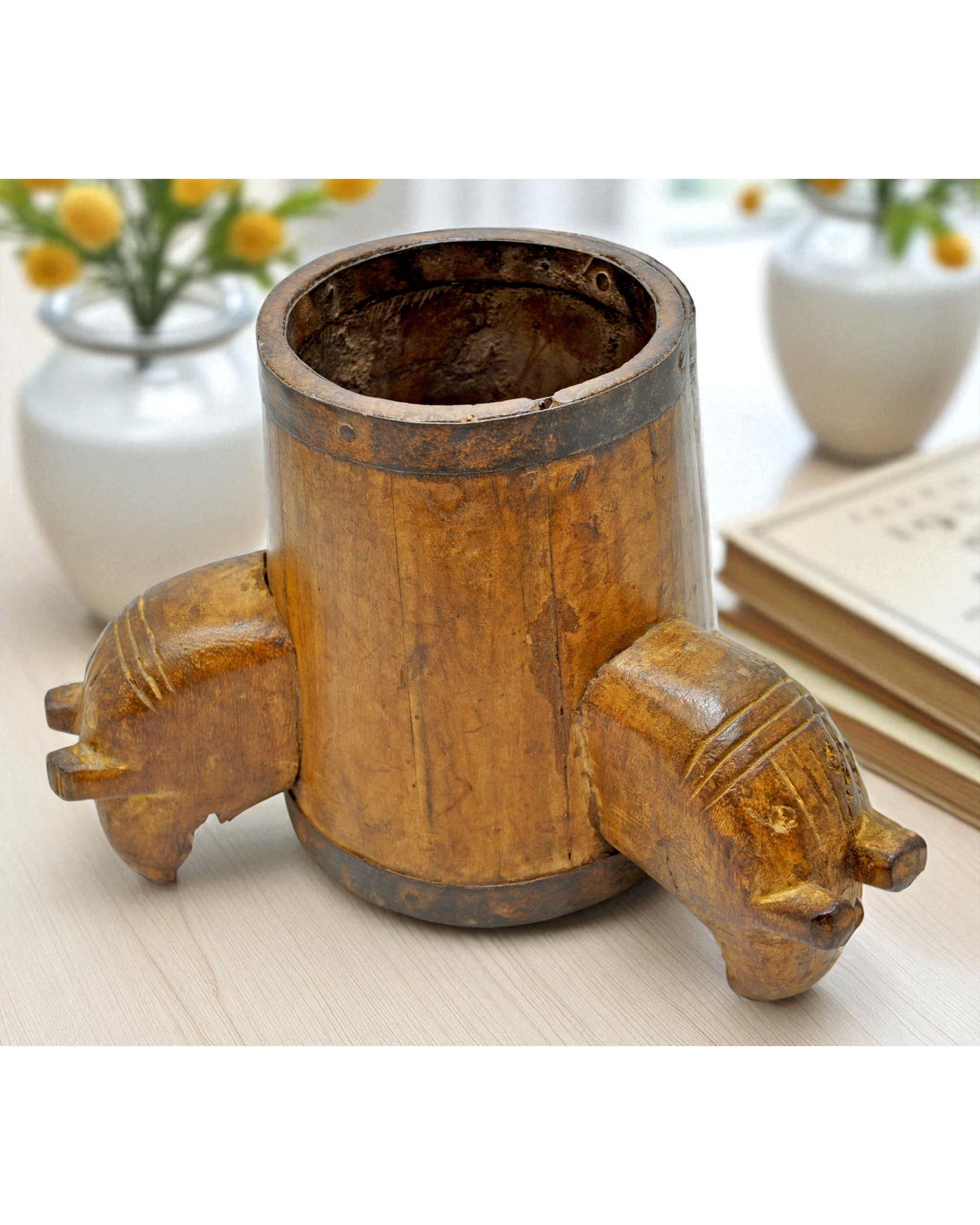 Vintage Wooden Small Round Pot Elephant Figures Original Old Hand Carved