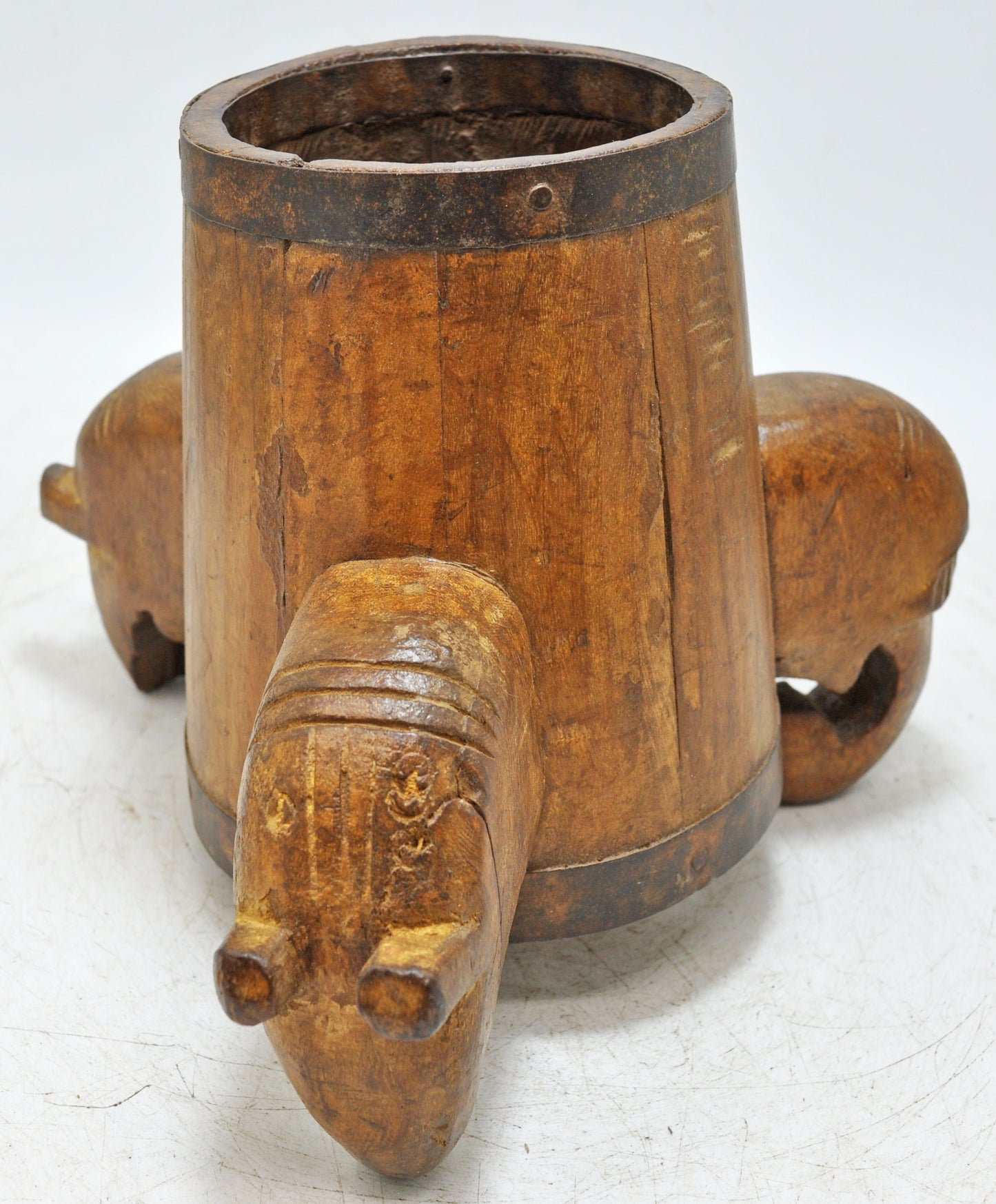 Vintage Wooden Small Round Pot Elephant Figures Original Old Hand Carved