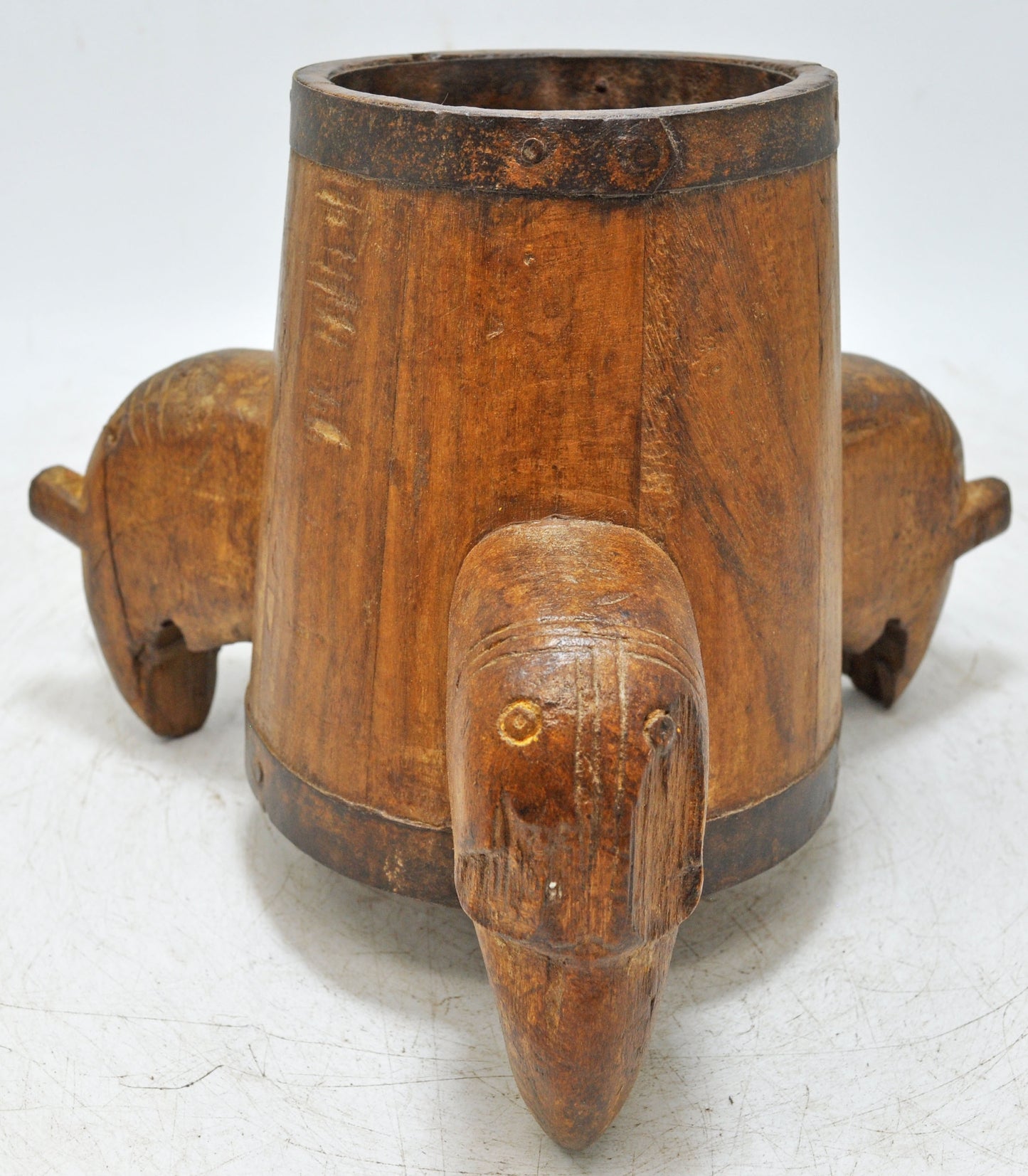 Vintage Wooden Small Round Pot Elephant Figures Original Old Hand Carved