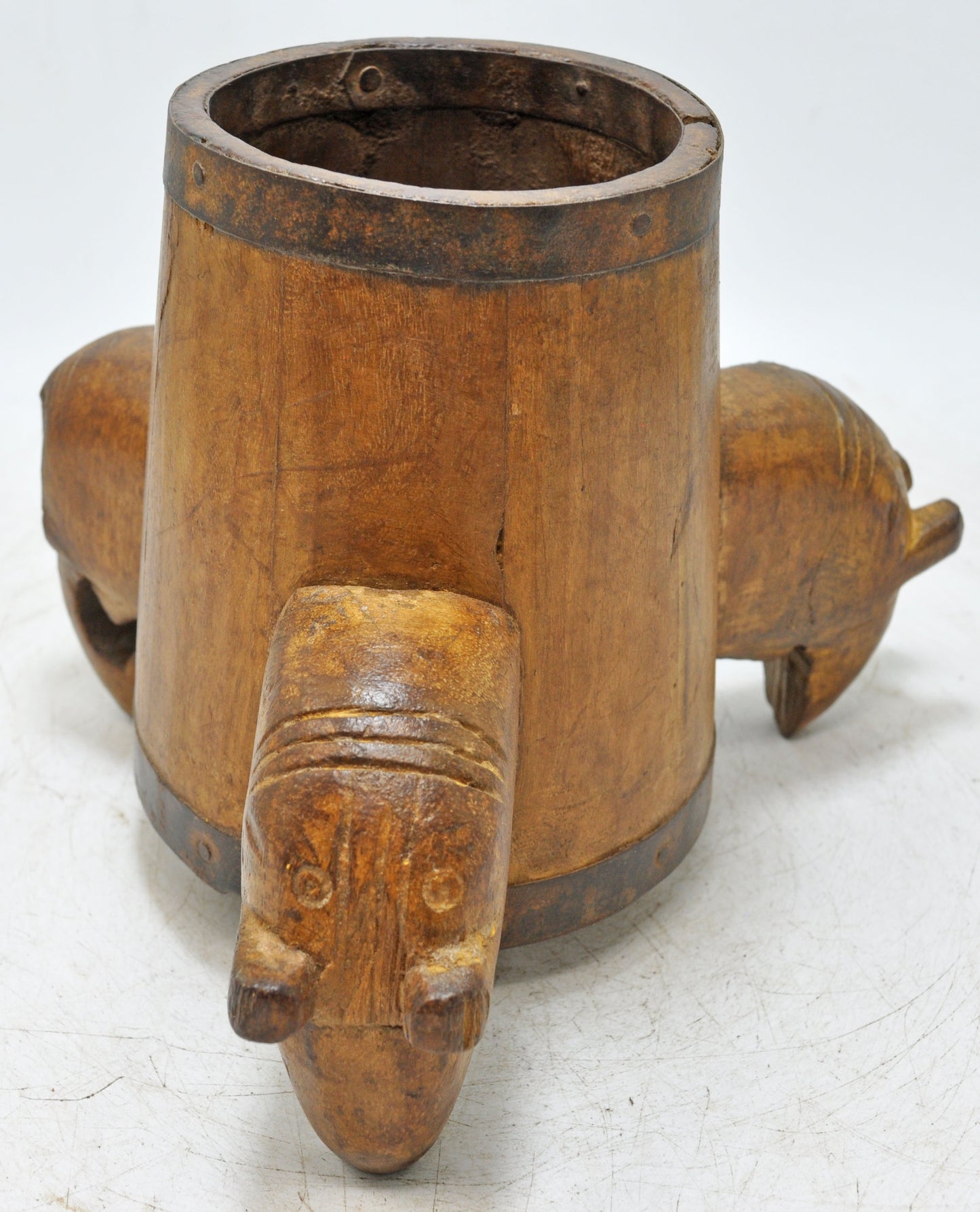 Vintage Wooden Small Round Pot Elephant Figures Original Old Hand Carved