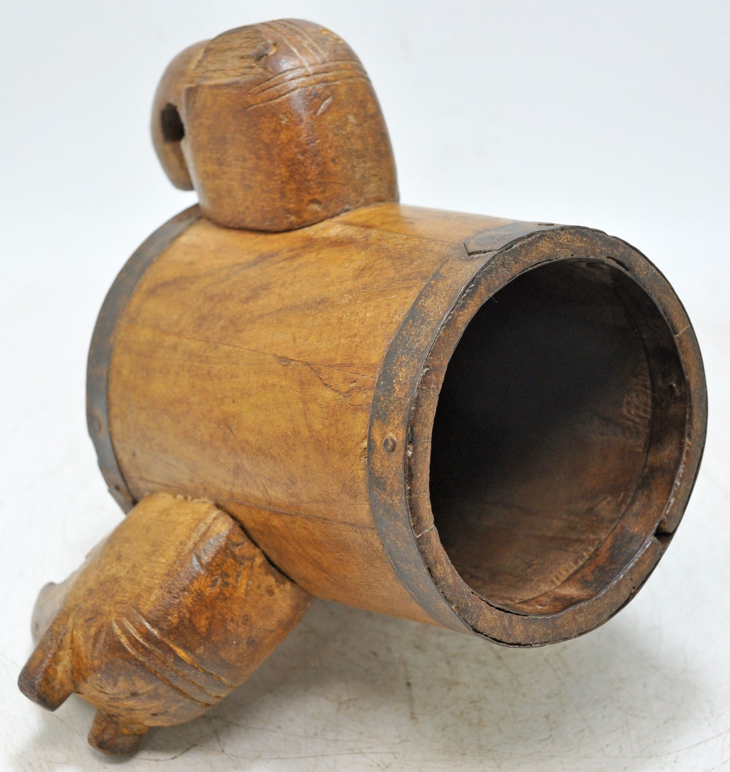 Vintage Wooden Small Round Pot Elephant Figures Original Old Hand Carved