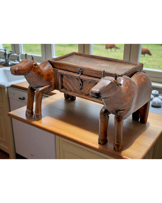 Antique Wooden 2 Cows Storage Chest Box Original Old Hand Carved