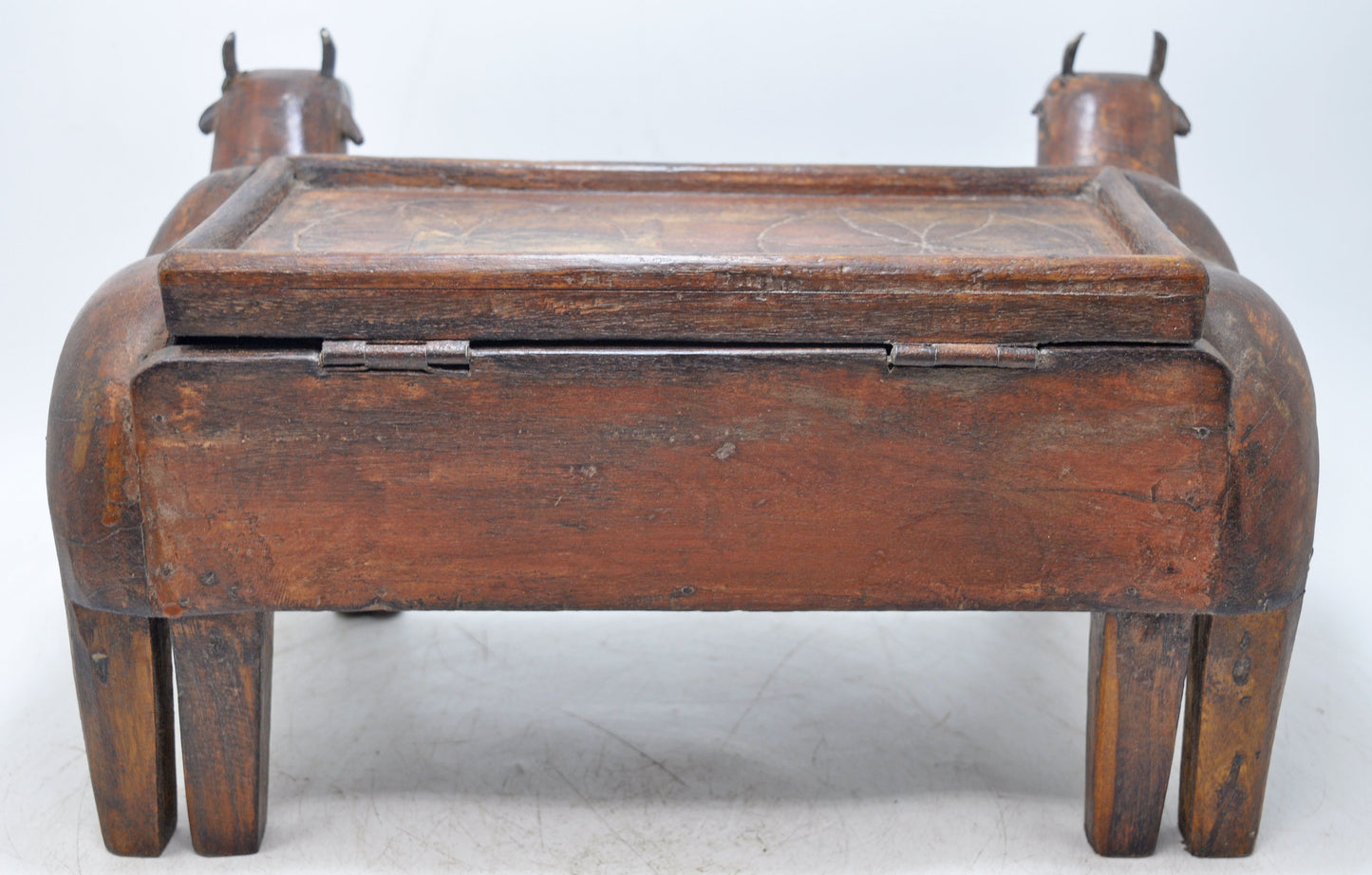 Antique Wooden 2 Cows Storage Chest Box Original Old Hand Carved