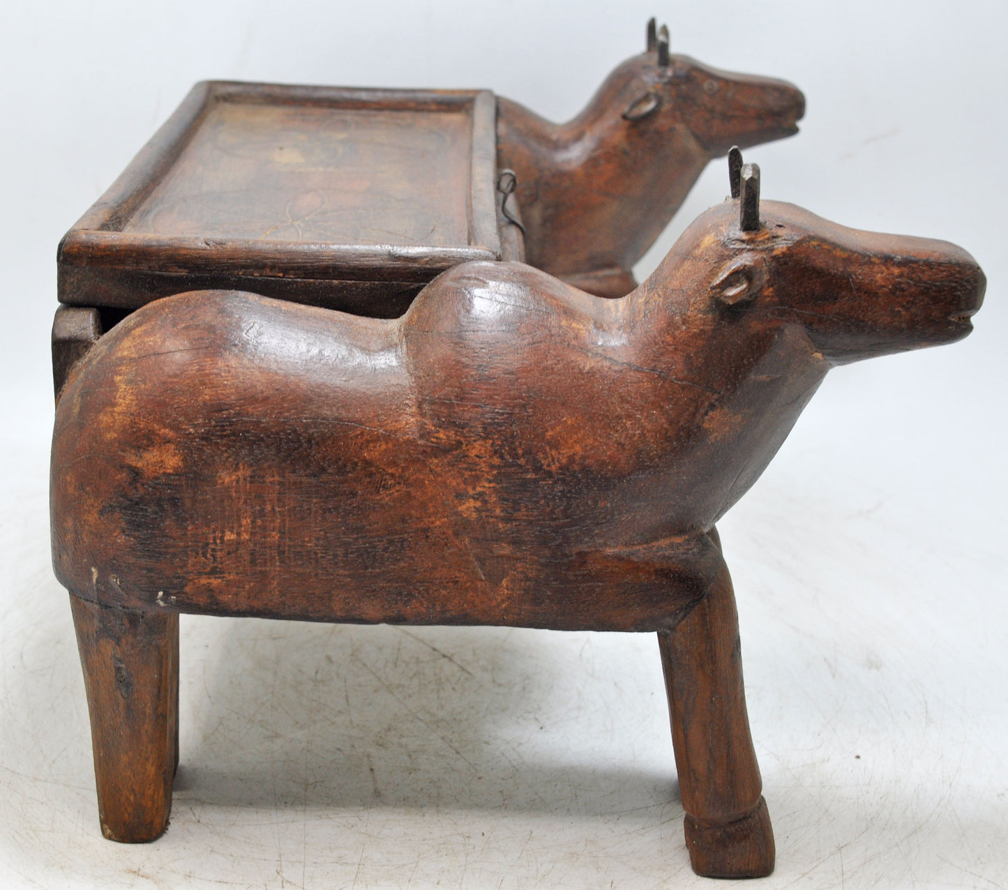 Antique Wooden 2 Cows Storage Chest Box Original Old Hand Carved