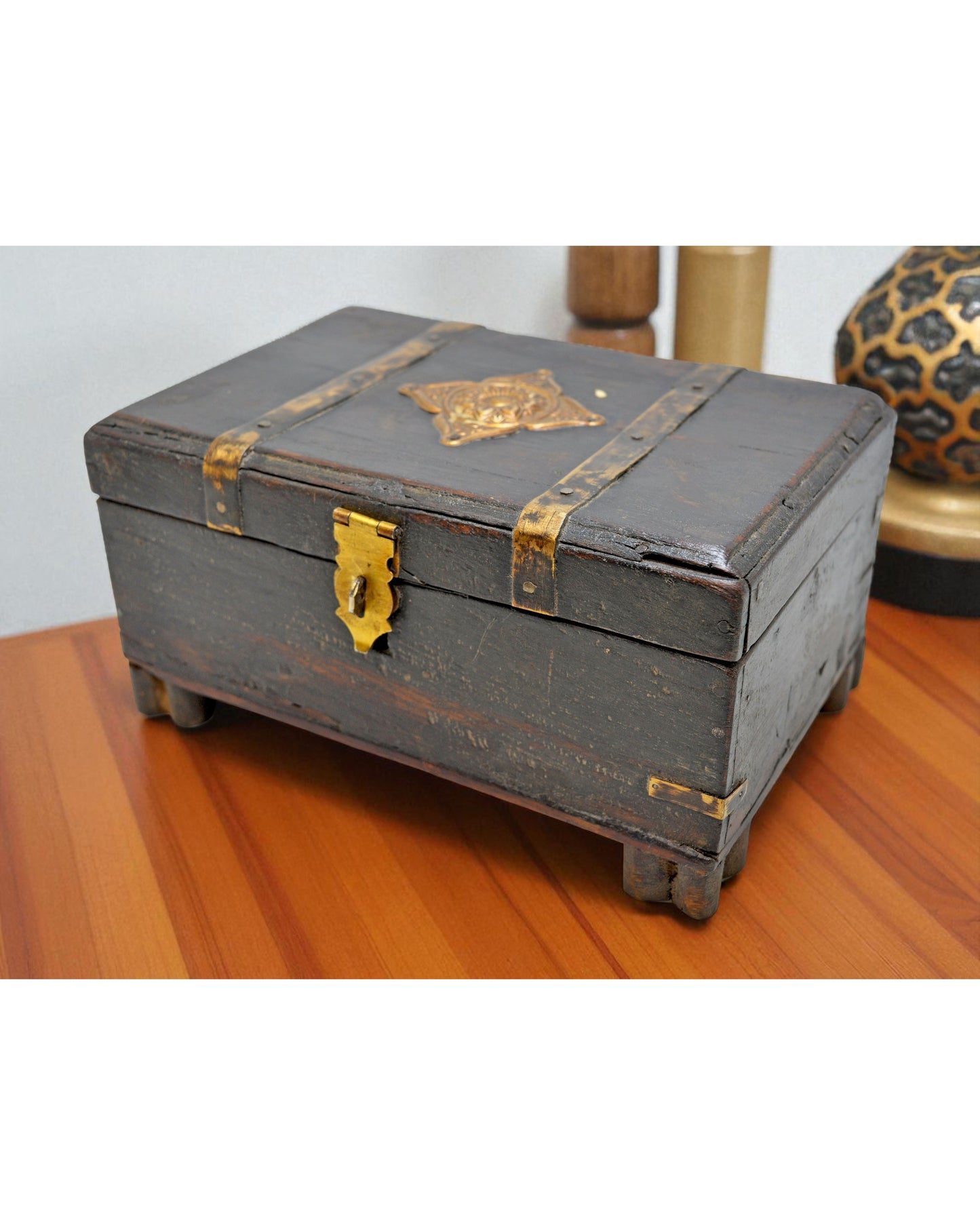 Vintage Wooden Storage Box Original Old Hand Crafted Brass Fitted