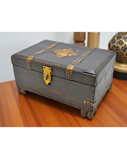 Vintage Wooden Storage Box Original Old Hand Crafted Brass Fitted