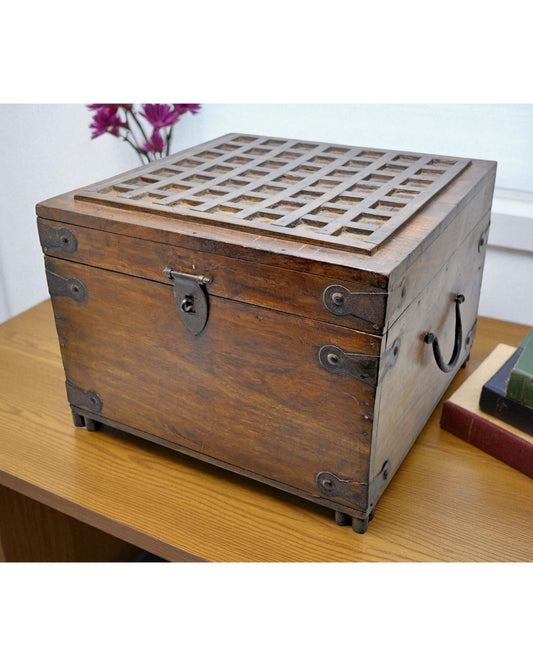 Vintage Wooden Storage Box Original Old Hand Crafted Metal Fitted