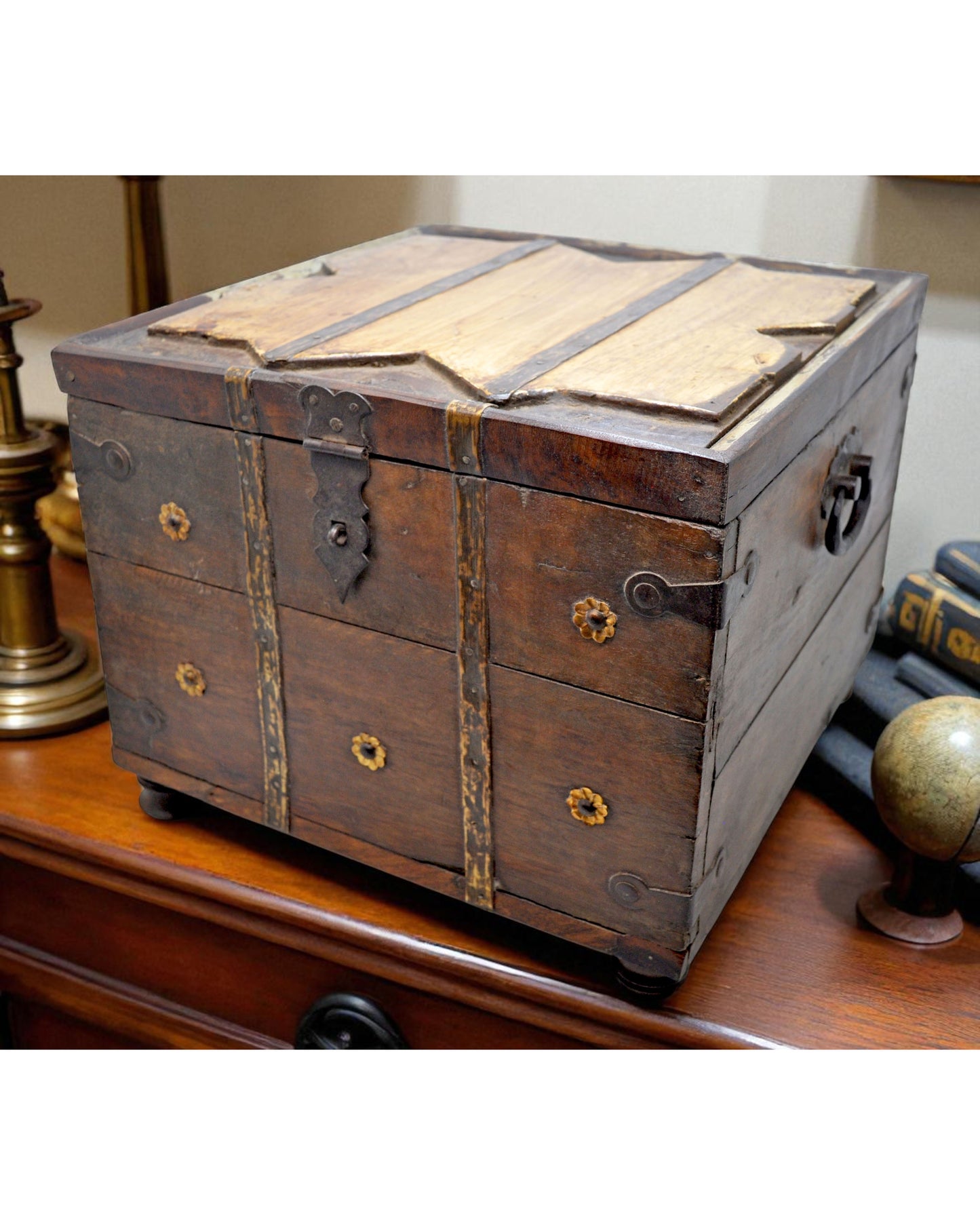 Vintage Wooden Storage Box Original Old Hand Crafted Metal Fitted