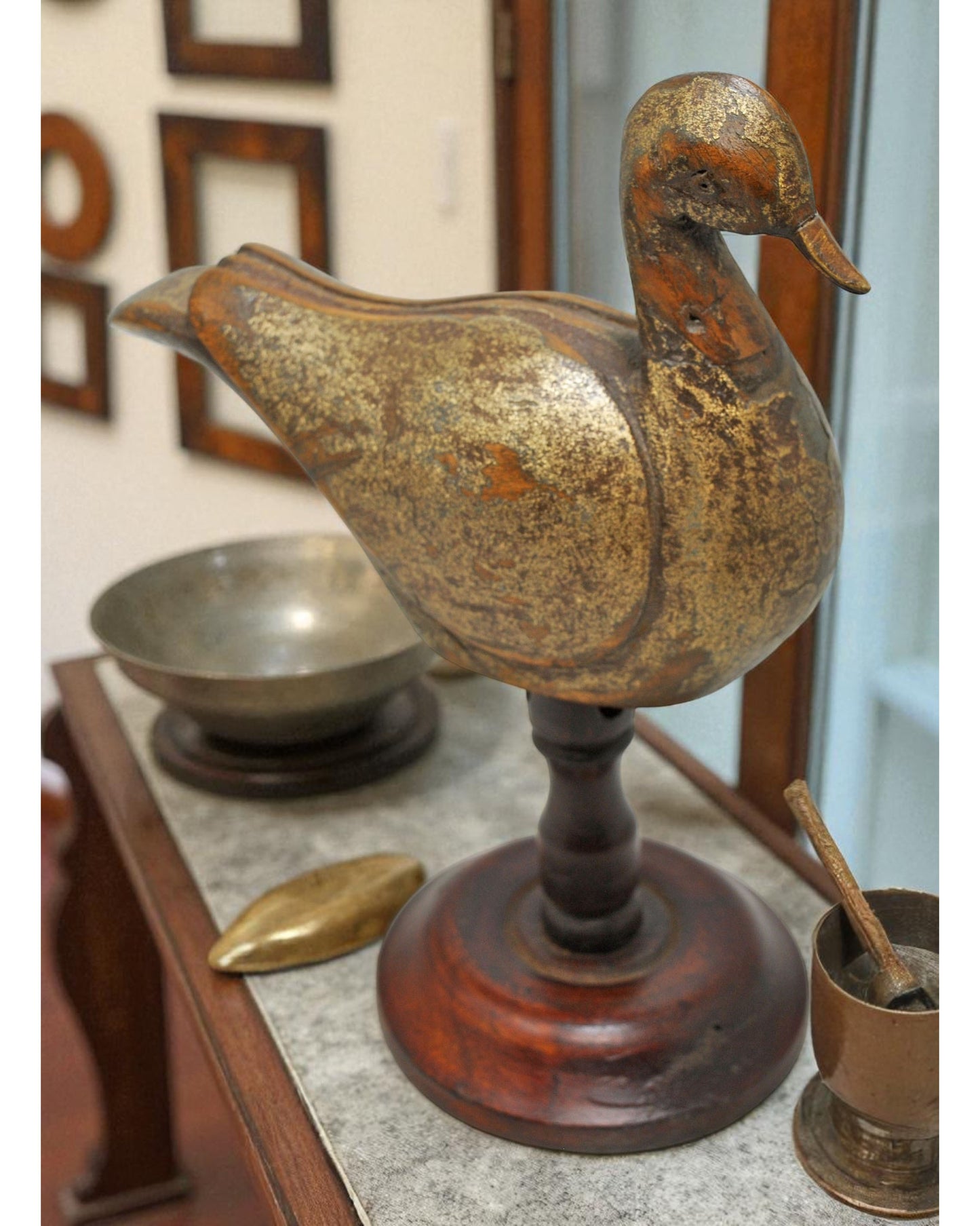 Vintage Wooden Bird Figurine Original Old Fine Hand Carved Metal Fitted