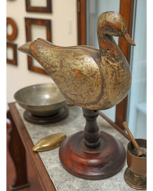 Vintage Wooden Bird Figurine Original Old Fine Hand Carved Metal Fitted