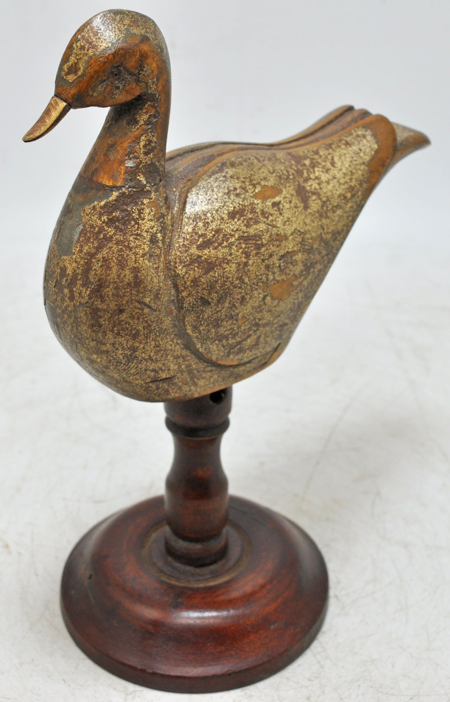 Vintage Wooden Bird Figurine Original Old Fine Hand Carved Metal Fitted