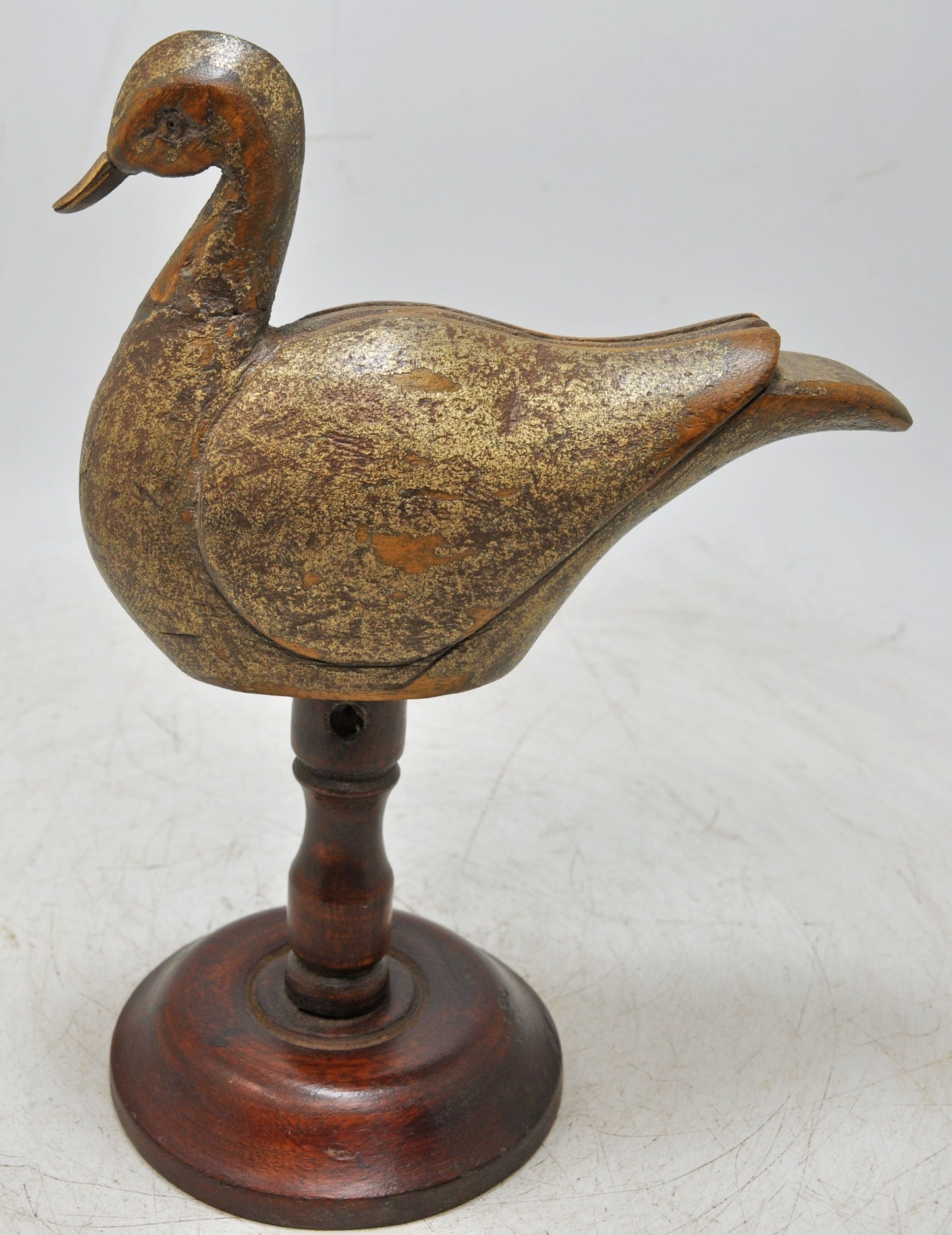 Vintage Wooden Bird Figurine Original Old Fine Hand Carved Metal Fitted
