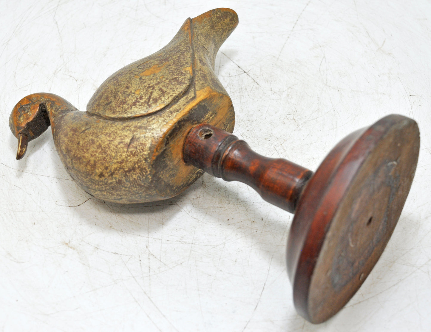 Vintage Wooden Bird Figurine Original Old Fine Hand Carved Metal Fitted