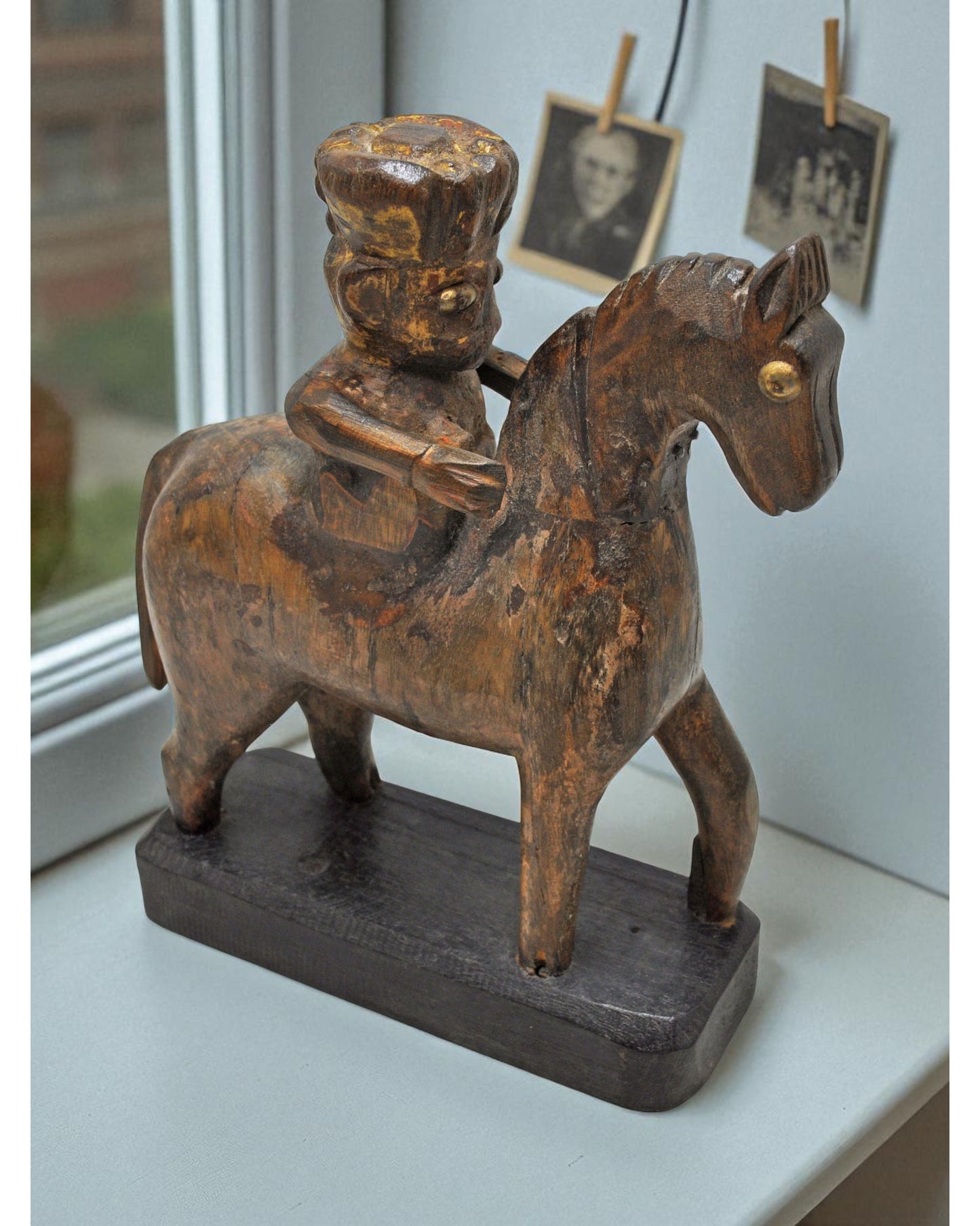 Vintage Wooden Horse With Rider Figurine Original Old Fine Hand Carved