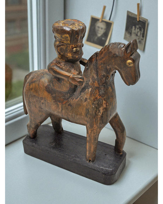 Vintage Wooden Horse With Rider Figurine Original Old Fine Hand Carved