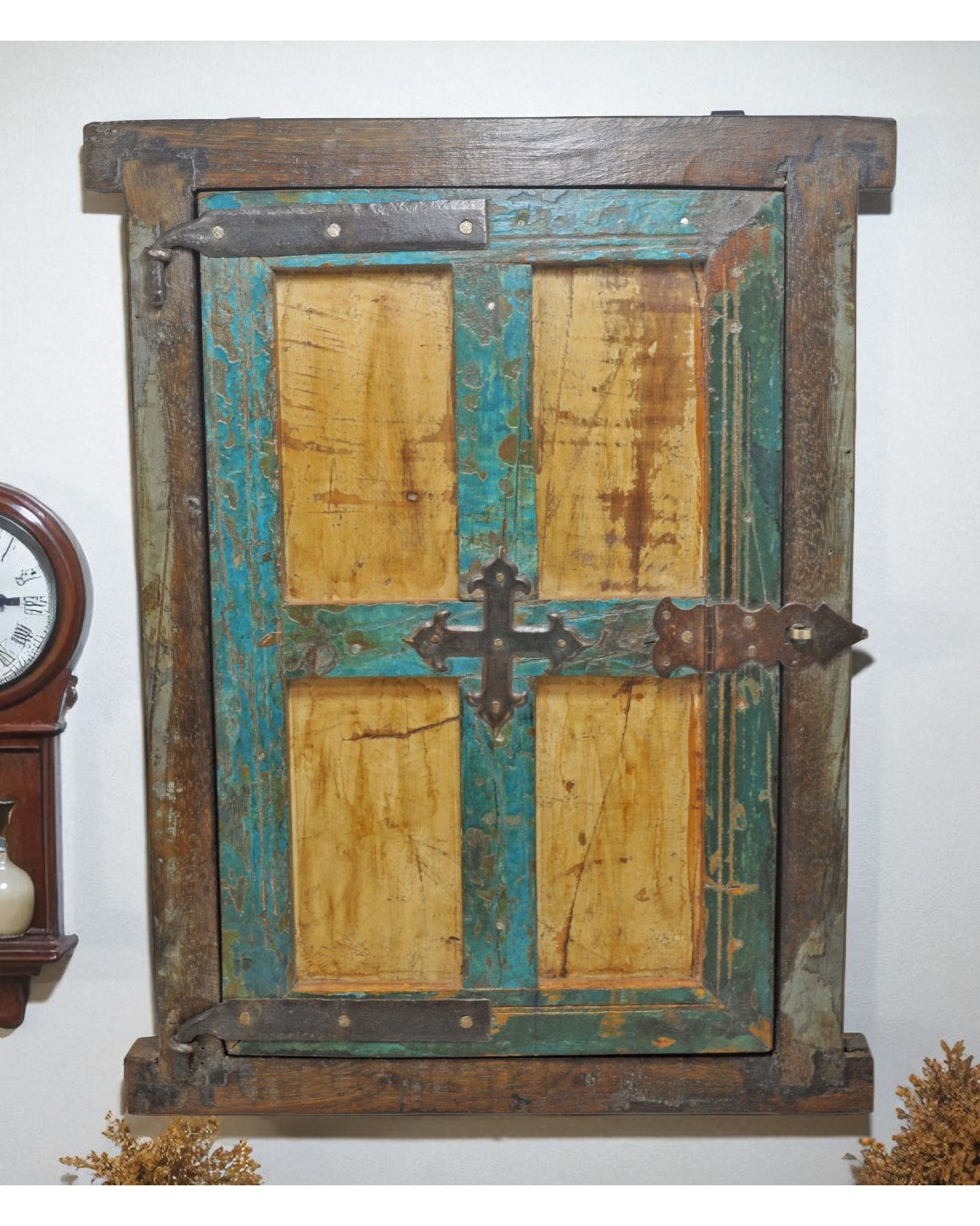 Antique Wooden Wall Décor Window Panel With Frame Original Old Hand Crafted