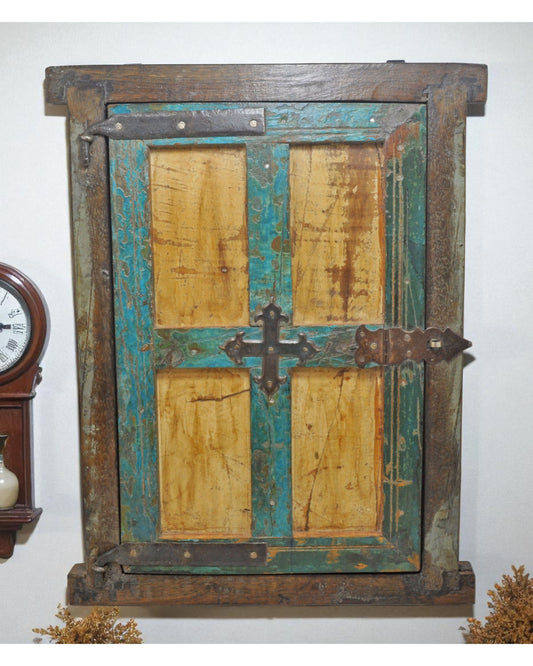 Antique Wooden Wall Décor Window Panel With Frame Original Old Hand Crafted
