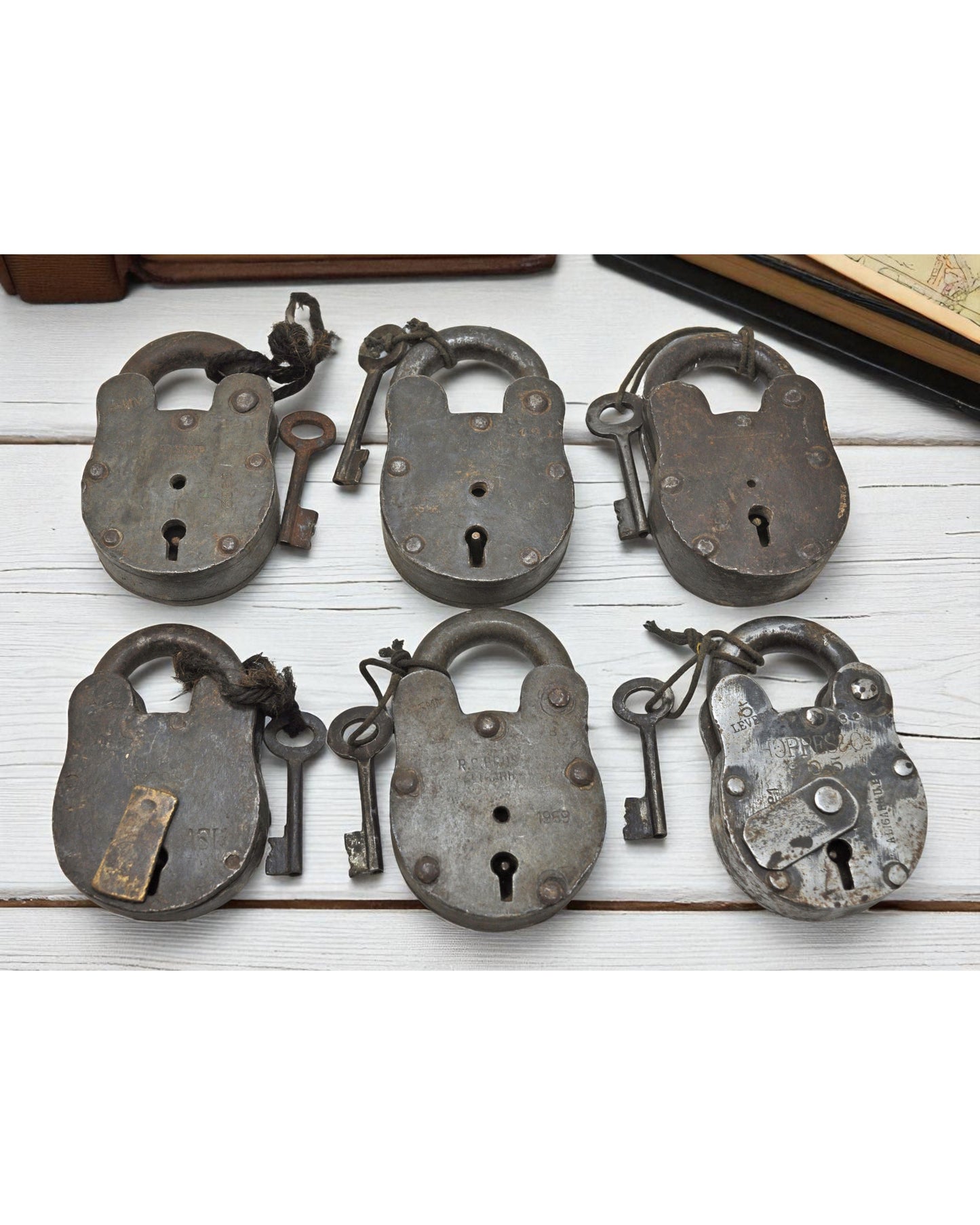 Lot of 6 Antique Iron Pad Locks Original Old Hand Crafted Working With Keys