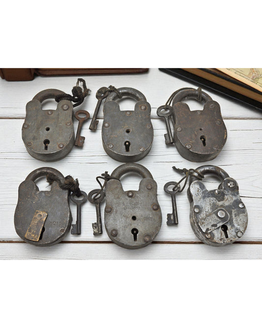 Lot of 6 Antique Iron Pad Locks Original Old Hand Crafted Working With Keys
