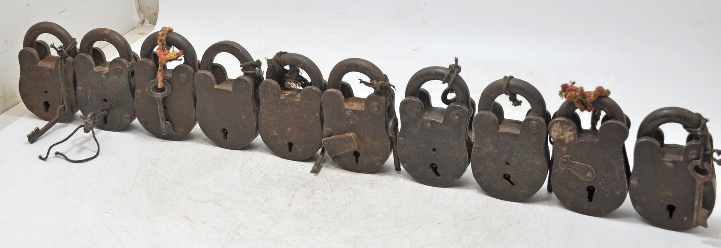 Lot of 10 Antique Iron Pad Locks Original Old Hand Crafted Working With Keys