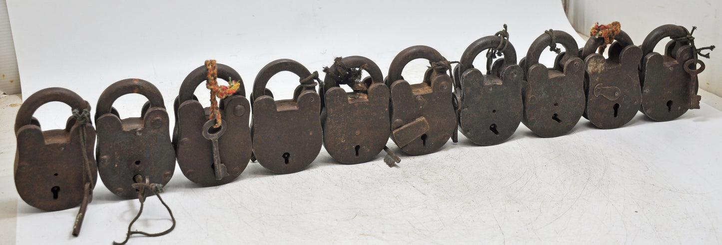 Lot of 10 Antique Iron Pad Locks Original Old Hand Crafted Working With Keys