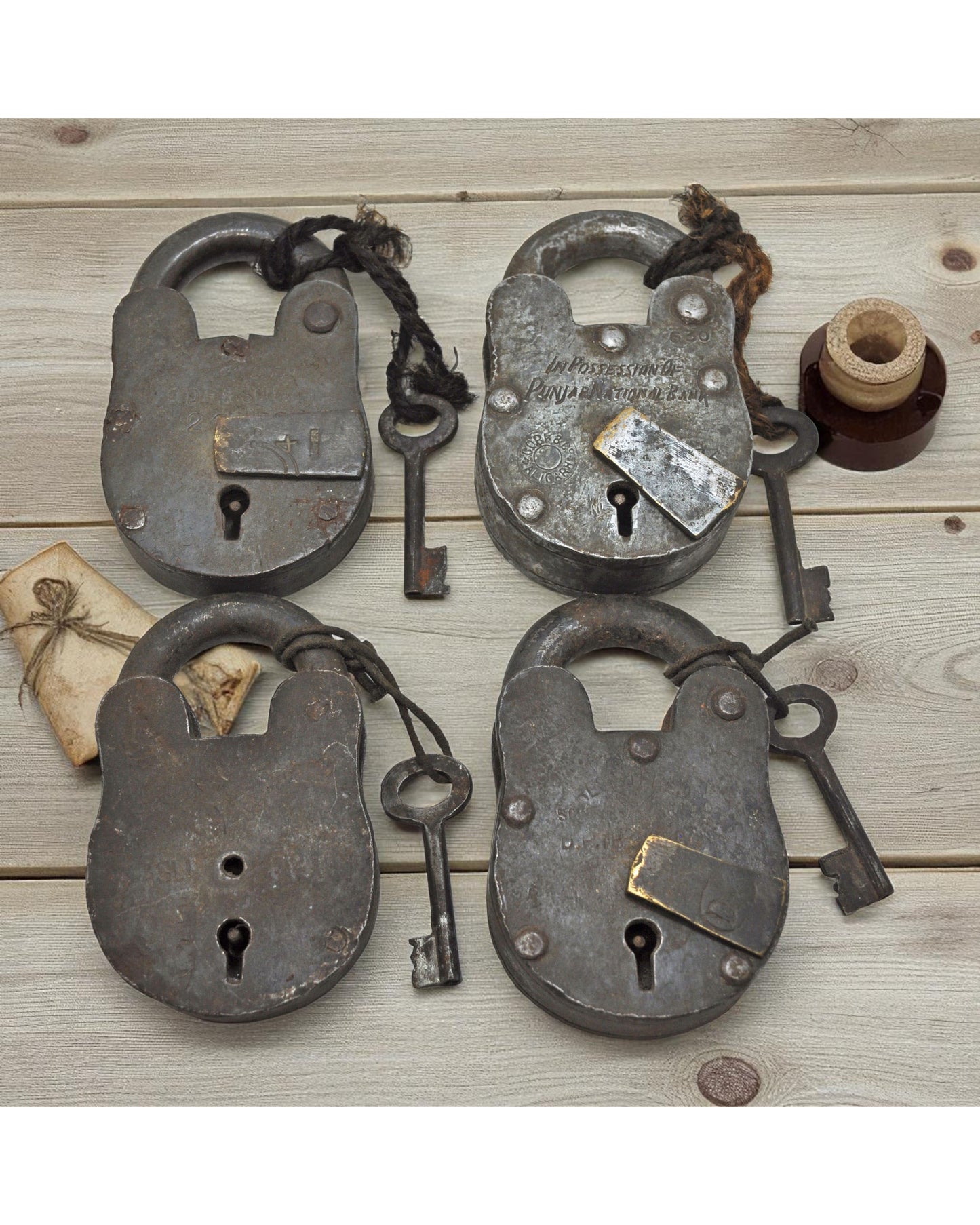 Lot of 4 Antique Iron Pad Locks Original Old Hand Crafted Working With Keys