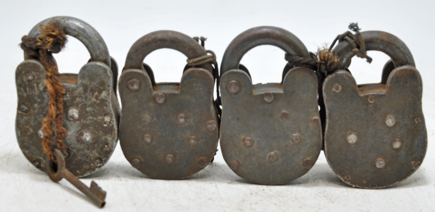 Lot of 4 Antique Iron Pad Locks Original Old Hand Crafted Working With Keys