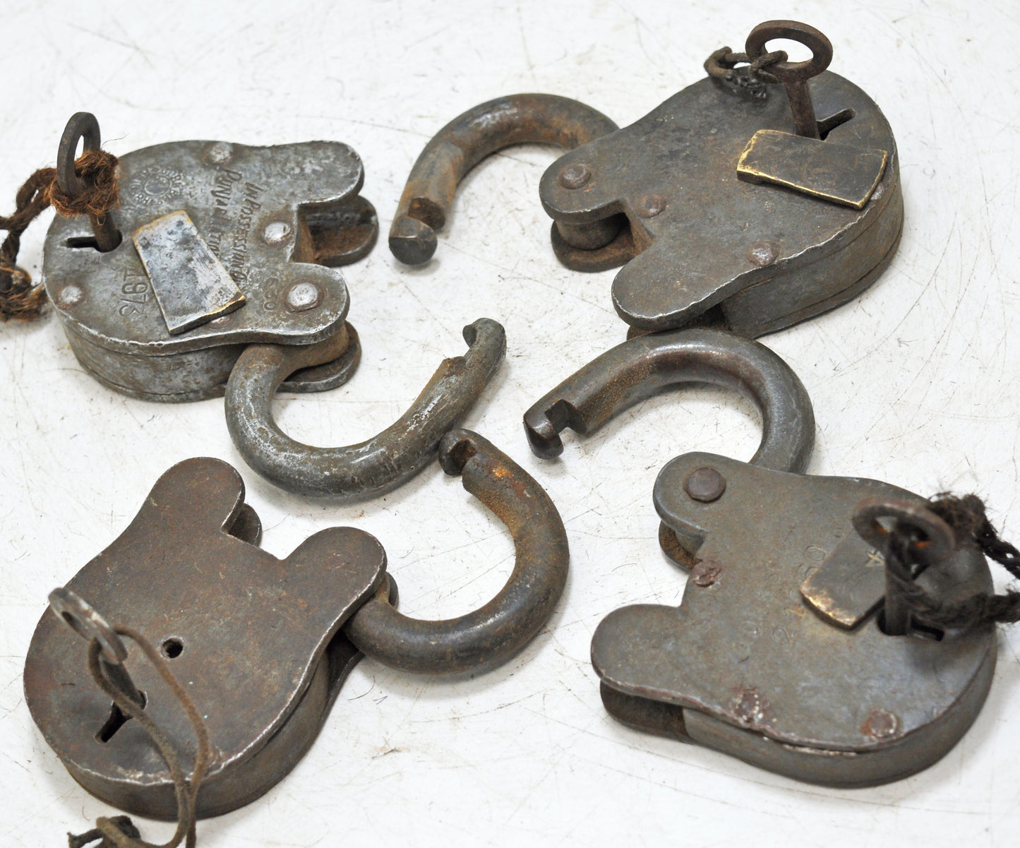 Lot of 4 Antique Iron Pad Locks Original Old Hand Crafted Working With Keys