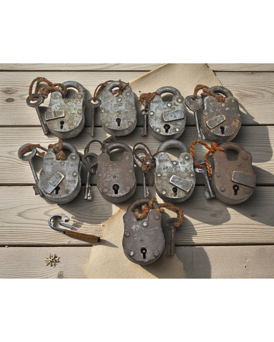 Lot of 9 Antique Iron Pad Locks Original Old Hand Crafted Working With Keys