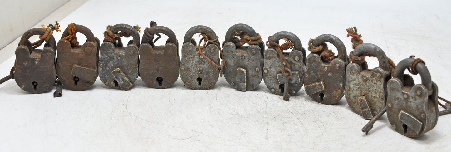 Lot of 9 Antique Iron Pad Locks Original Old Hand Crafted Working With Keys