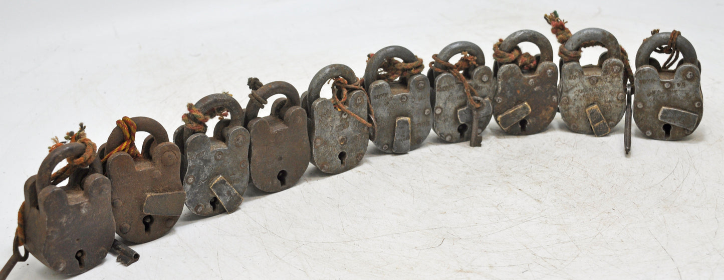 Lot of 9 Antique Iron Pad Locks Original Old Hand Crafted Working With Keys