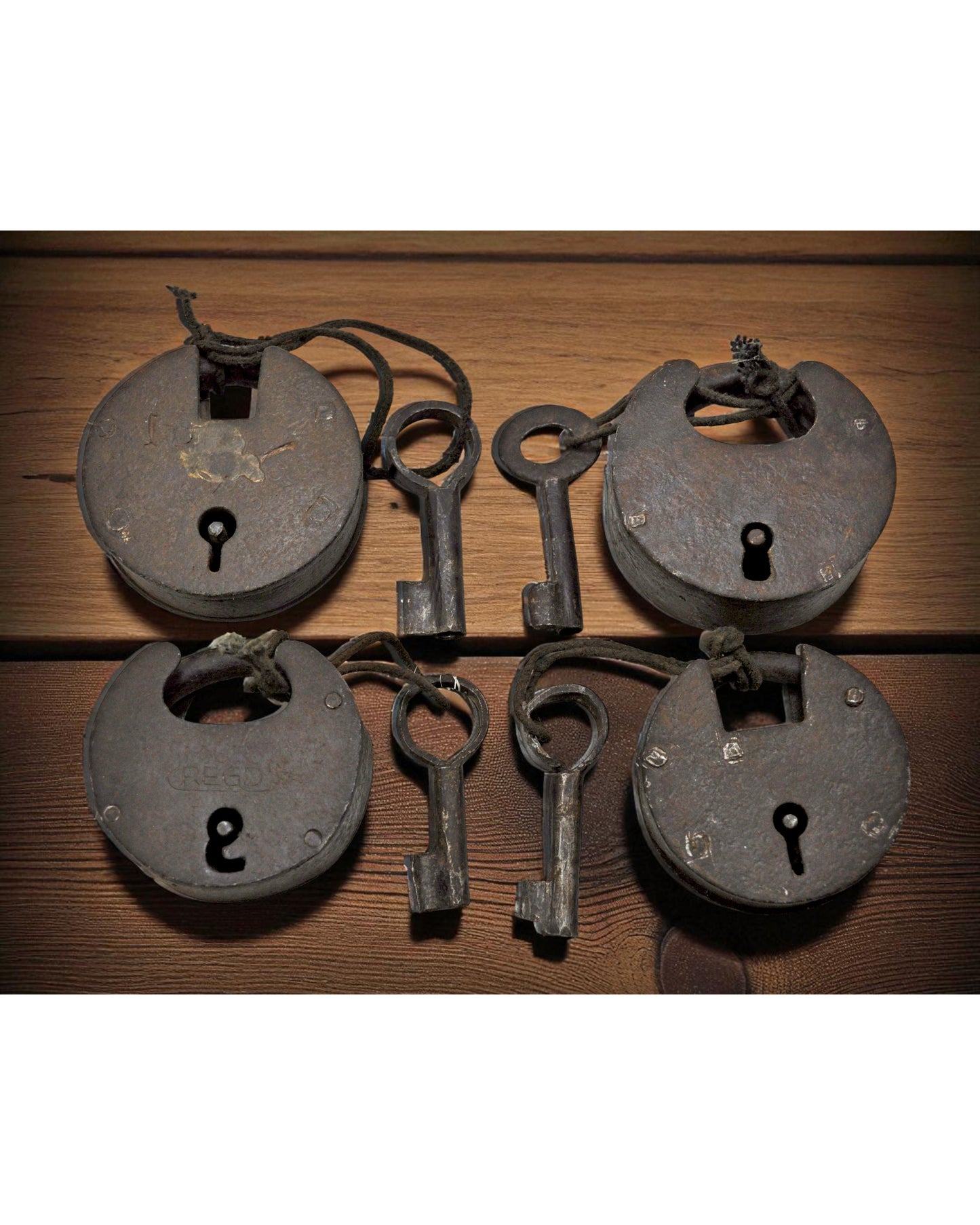Lot of 4 Antique Iron Round Pad Locks Original Old Hand Crafted Engraved