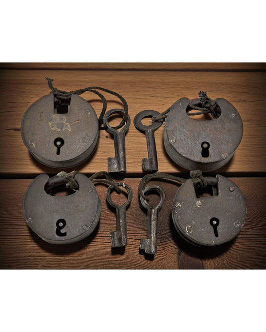 Lot of 4 Antique Iron Round Pad Locks Original Old Hand Crafted Engraved