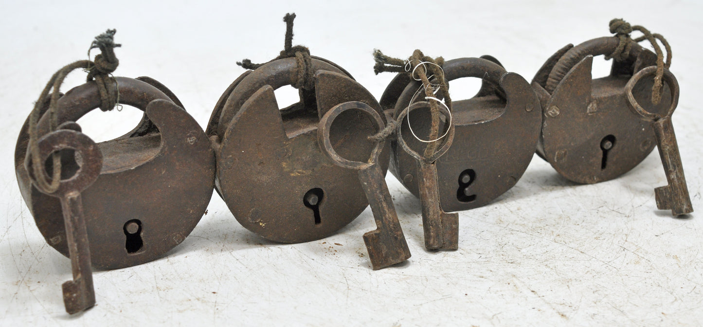 Lot of 4 Antique Iron Round Pad Locks Original Old Hand Crafted Engraved