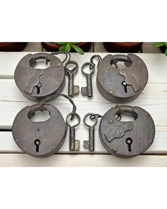 Lot of 4 Antique Iron Round Pad Locks Original Old Hand Crafted Engraved