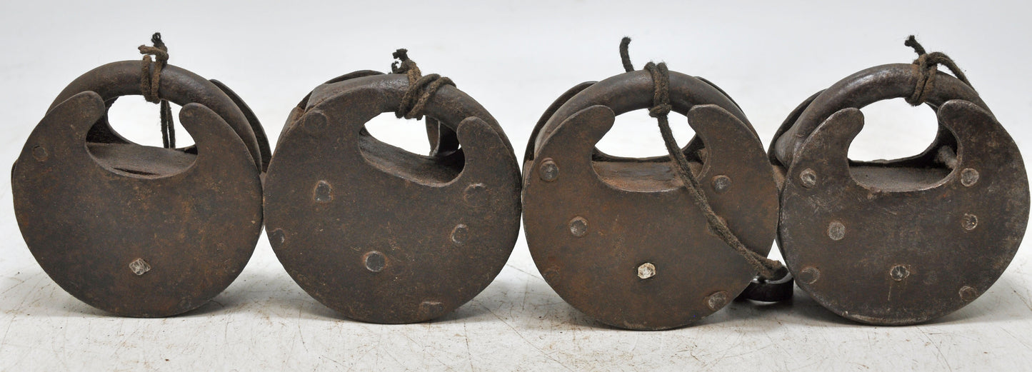 Lot of 4 Antique Iron Round Pad Locks Original Old Hand Crafted Engraved