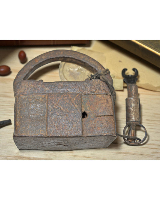 Antique Iron Spring Lever System Pad Lock Original Old Hand Crafted Engraved Working