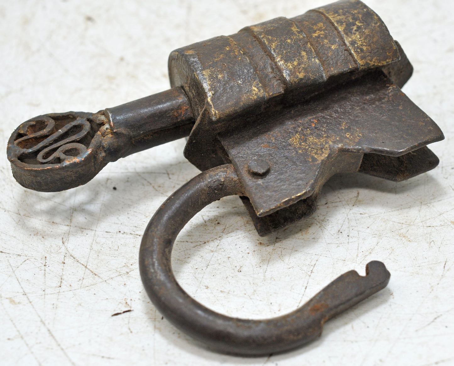 Antique Iron Spring Lever System Pad Lock Original Old Hand Crafted Engraved Working