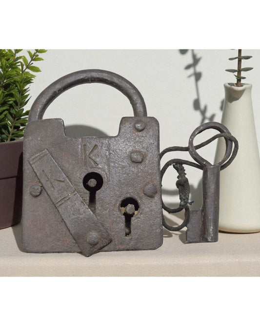 Antique Iron Large Size Pad Lock With Key Original Old Hand Crafted Working